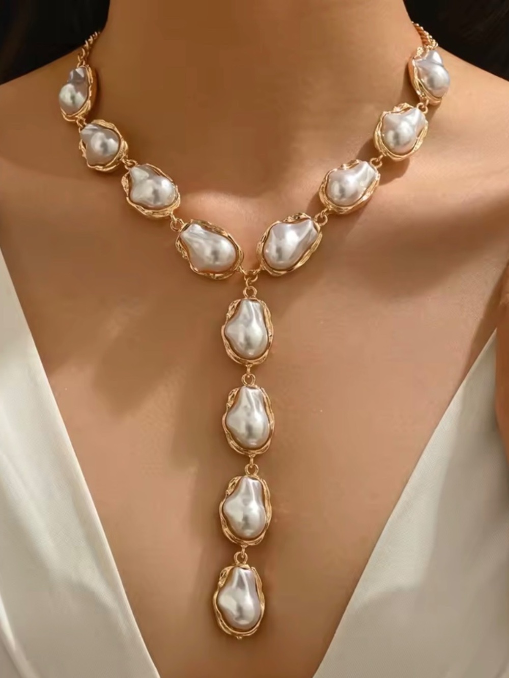 NWT BAROQUE PEARL CHOKER LONG Y-LARIAT GOLD ADJUSTABLE STATEMENT NECKLACE